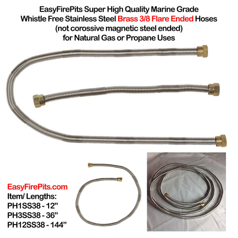 PH12SS38: 12’ (144") Stainless Steel 3/8 Female Flared "WHISTLE FREE" Flexible High Pressure Propane/ Natural Gas Hose w/ Brass Female Flared Ends